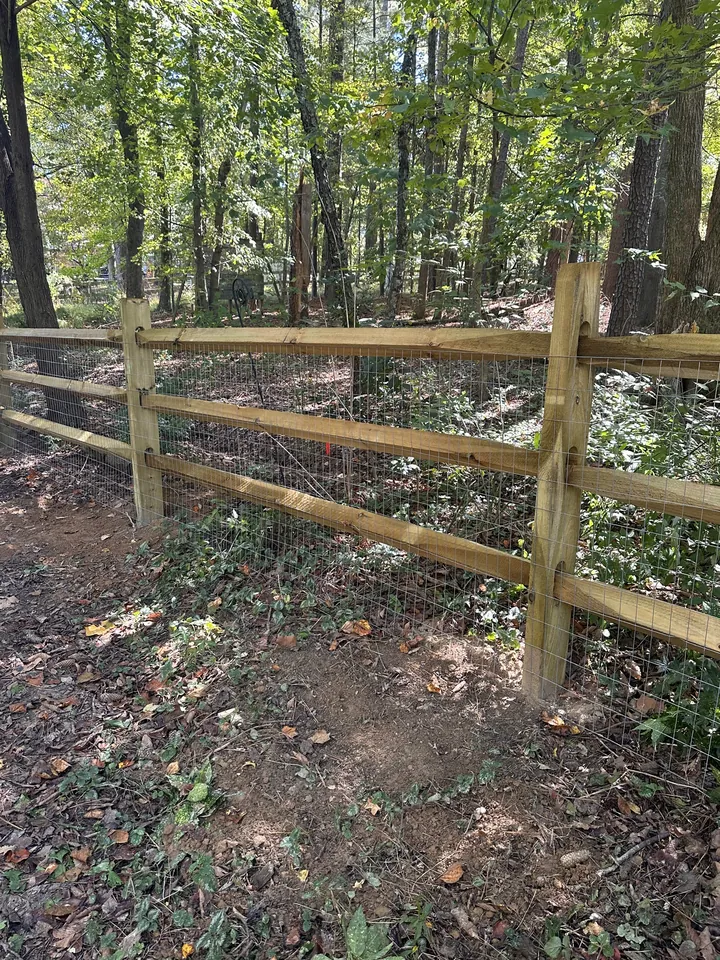 Wood split rail fence in a wooded yard.
